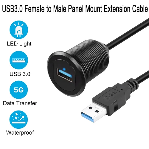 Miniatura 2 de QIANRENON Cable USB 3.0 de 5 Gbps a prueba de agua para automóvil, cable USB 3.0 hembra a macho para montaje en panel con luz LED, carcasa