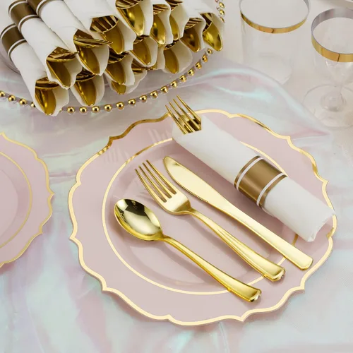 Miniatura 4 de Juego de 50 cubiertos de plástico dorado preenrollados con servilletas, juego de cubiertos desechables envueltos resistentes para bodas, fiestas