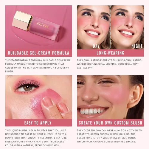 Miniatura 2 de KIMUSE Rubor Líquido, Rubor en Crema Suave Pigmentado de Larga Duración para Rostro, Resistente al Agua, a Prueba de Manchas, Acabado Luminoso