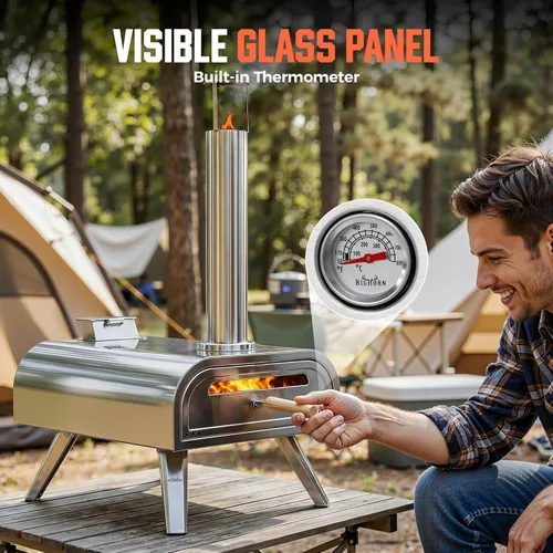 Miniatura 12 de BIG HORN OUTDOORS 16" Horno de piedra para pizza con leña, cocinador de pizza al aire libre de acero inoxidable 1112°F, portátil
