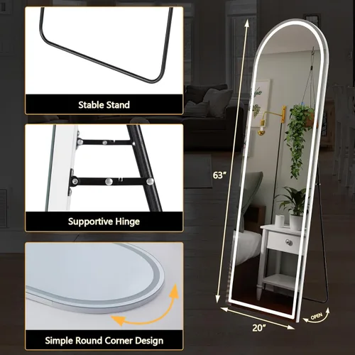 Miniatura 2 de Sweetcrispy Espejo Arqueado de Cuerpo Entero con Luces LED, Espejo de Piso Iluminado de 63"x21" con Atenuación e Iluminación de 3 Colores, Soporte