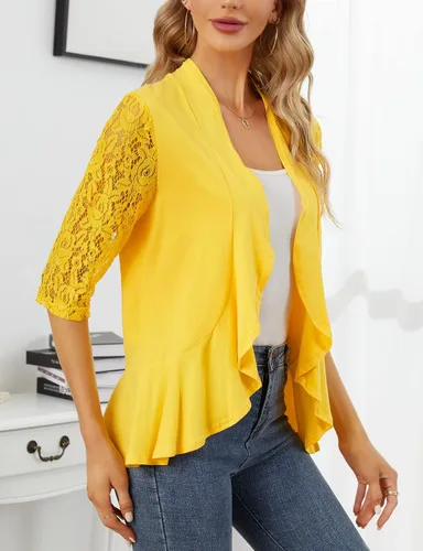 Miniatura 3 de KOJOOIN Blusas para mujer, ligeras, manga 34, casual, con encaje, parte delantera abierta, con volantes drapeados