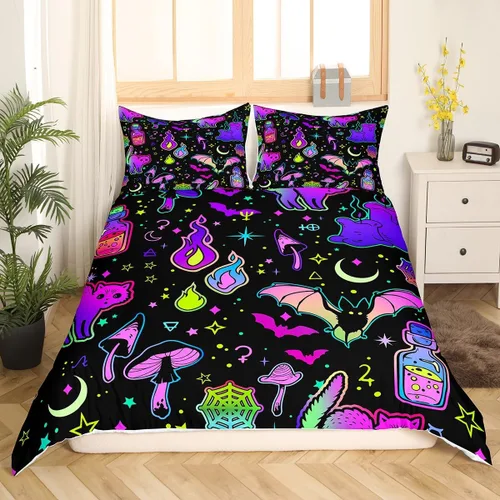 Miniatura 18 de Feelyou Funda de edredón de Halloween, tamaño individual, con 1 funda de almohada, decoración de Halloween, juego de ropa de cama con estampado