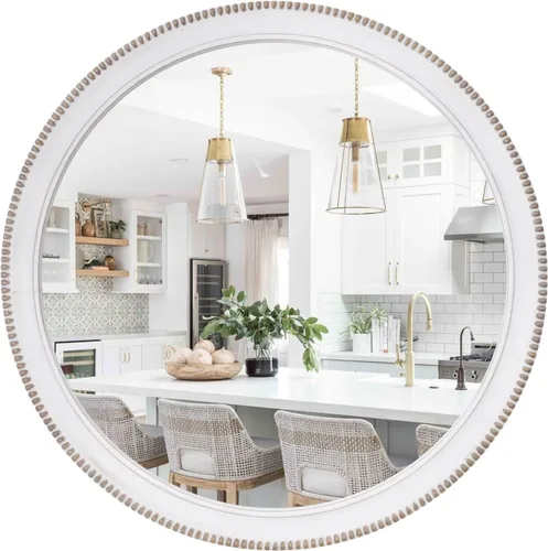 Miniatura 12 de Sawsile - Espejo redondo de madera, espejo circular rústico de 61 cm con marco de madera natural estilo granja y cuentas boho para pared, para baño