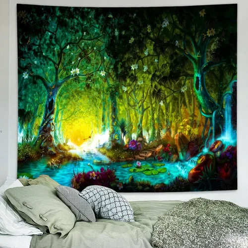 Miniatura 2 de Delur Tapiz de bosque de fantasía, río místico, encantado, de cuento de hadas, tapiz de árbol mágico de cuento de hadas, paisaje de amanecer, puesta