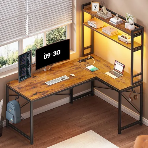 Miniatura 8 de SEDETA Escritorio para juegos en forma de L, escritorio esquinero pequeño reversible de 45.3 pulgadas con toma de corriente y luces LED, escritorio