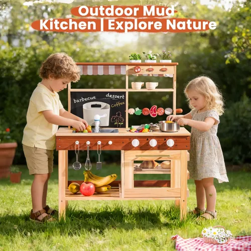 Miniatura 8 de ROBOTIME Kids Mud Kitchen, Wooden Mud Kitchen for Kids Outdoor with Real Water Play Sink, BBQ Grill, Coffee Maker & Planting Station, Large Storage
