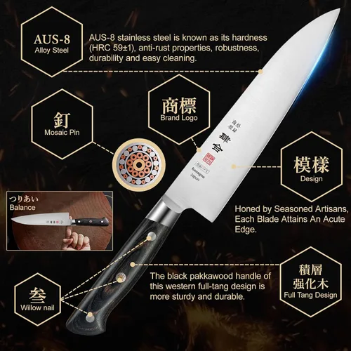 Miniatura 2 de kanngou - Cuchillo de chef japonés de 8.27 pulgadas, cuchillo de cocina Gyuto de acero de aleación AUS-8 de Japón con mango de Pakkawood de espiga