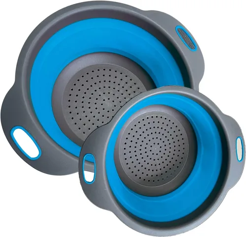 Miniatura 11 de Colador redondo de silicona azul plegable – Colador de cocina plegable pequeño colador plegable azul con asas de plástico para drenar verduras