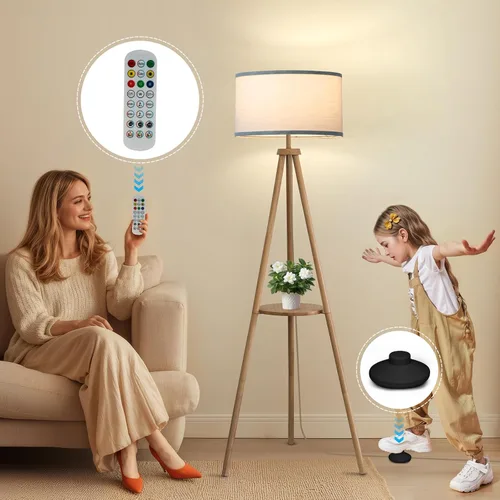 Miniatura 3 de EOEYYOYB Lámpara de pie con 3 modos de luz ajustables: lámpara de pie con trípode de madera, moderna lámpara de pie LED con brillo regulable