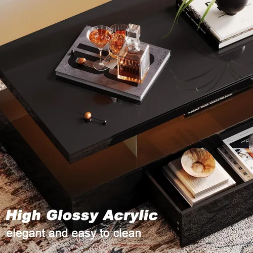 Miniatura 5 de ChooChoo Mesa de centro LED moderna, mesa central de alto brillo con cajón, mesa de centro negra con almacenamiento para sala de estar, dormitorio