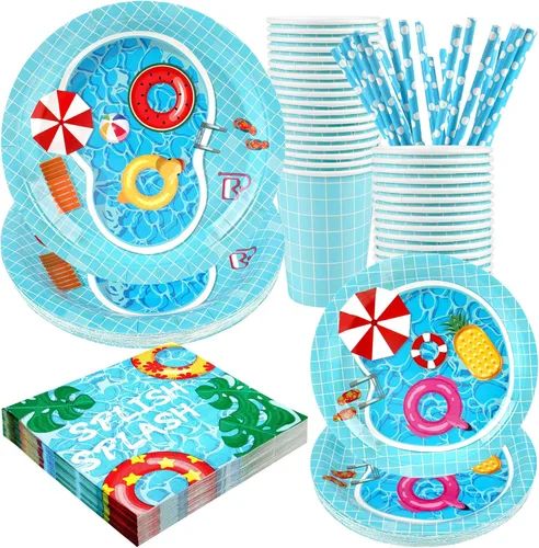Suministros y decoraciones para fiesta en piscina, juego de platos y servilletas de papel desechables de verano para niños con tazas y pajitas para