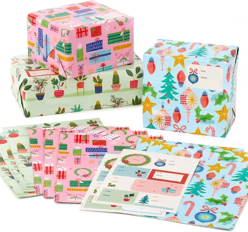 Hallmark Lindas hojas de papel de regalo planas de Navidad con líneas de corte en el reverso (12 hojas plegadas con etiquetas de regalo adhesivas)