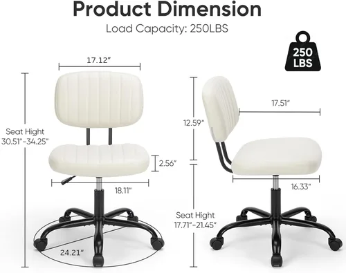 Miniatura 2 de DUMOS Silla pequeña de escritorio de oficina, piel sintética sin brazos con cómodo soporte lumbar, altura ajustable para no tener brazos, para Beige