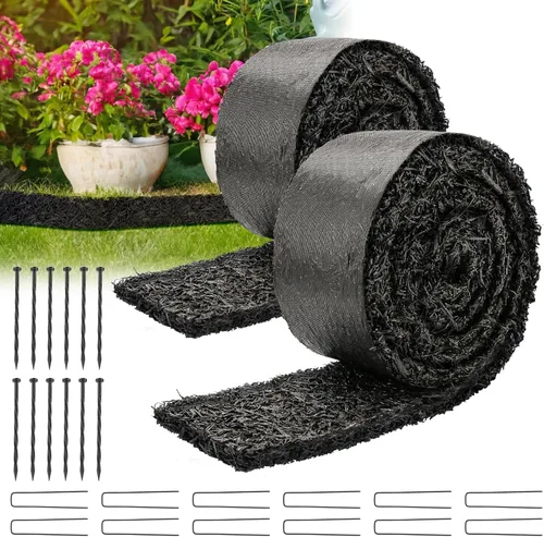 LukLoy Paquete de 2 mantillo de goma negra de 120 pulgadas de largo x 4.5 pulgadas de ancho para paisajismo con estacas de fijación, rollo de tapete