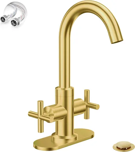 Phiestina SGF0310-BG - Grifo de lavabo de baño de oro cepillado, grifo de tocador de un solo orificio o 3 agujeros, con boquilla giratoria de 360