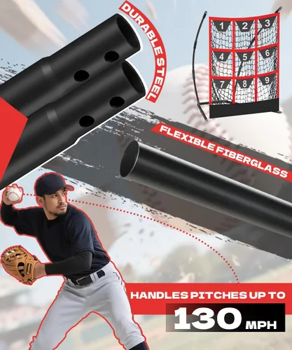 Miniatura 3 de Queension Red de lanzamiento objetivo de 9 agujeros con zona de golpeo Red de bateo de béisbol con bolsillos objetivo, red de lanzamiento con Negro