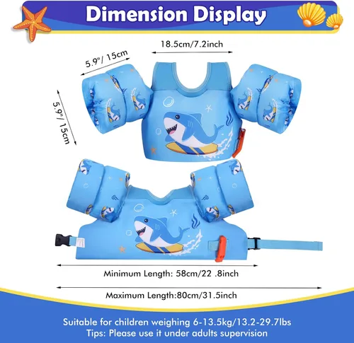 Miniatura 6 de MoKo Chaleco de natación para niños pequeños de 13-30/20-50/22-66 libras, flotadores de brazo de natación de dibujos animados, alas de agua, Surfing