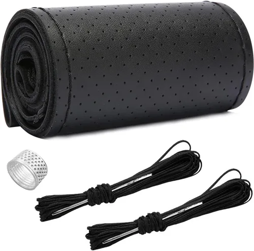 Miniatura 19 de Ziciner - Funda de cuero genuino para volante, transpirable, antideslizante, protector de volante de automóvil para un diámetro máximo de 15 Negro