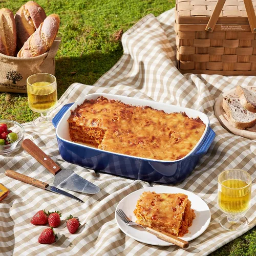 Miniatura 5 de Lareina Cacerola grande de cerámica con tapa, 4.0 cuartos de galón, platos cubiertos rectangulares de piedra para hornear para horno, cacerolas