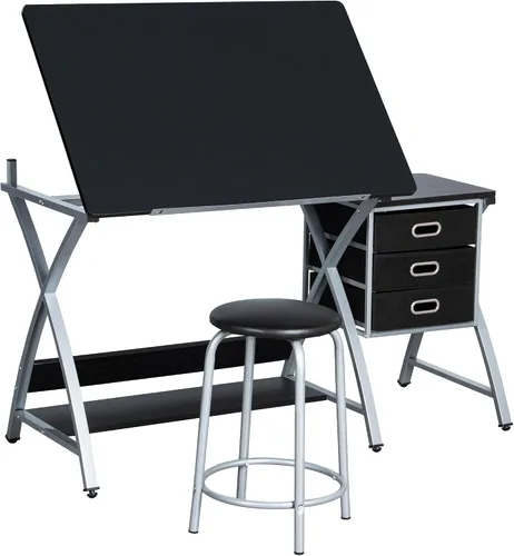 Miniatura 3 de Yaheetech Escritorio de dibujo, mesa de dibujo para artistas/adultos, escritorio de arte con taburete y 3 cajones deslizantes, estación de trabajo