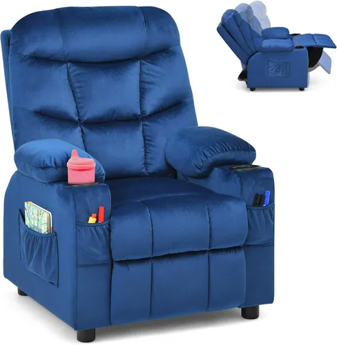 Costzon Silla reclinable para niños con soporte para tazas, silla de salón de terciopelo ajustable con reposapiés y bolsillos laterales para