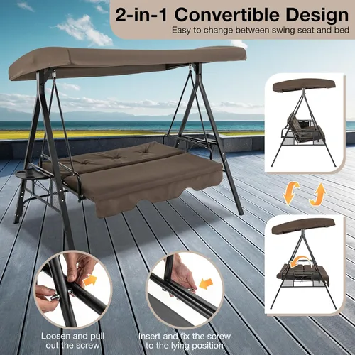 Miniatura 3 de Tangkula Columpio de porche para 3 personas, cama columpio convertible 2 en 1 para patio con toldo ajustable, mesa de 2 tazas, cojines de asiento