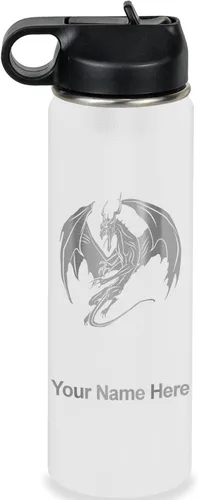 Miniatura 71 de LaserGram Botella de agua con tapa abatible de doble pared de 12 onzas con pajilla, dragón, grabado personalizado incluido (negro)