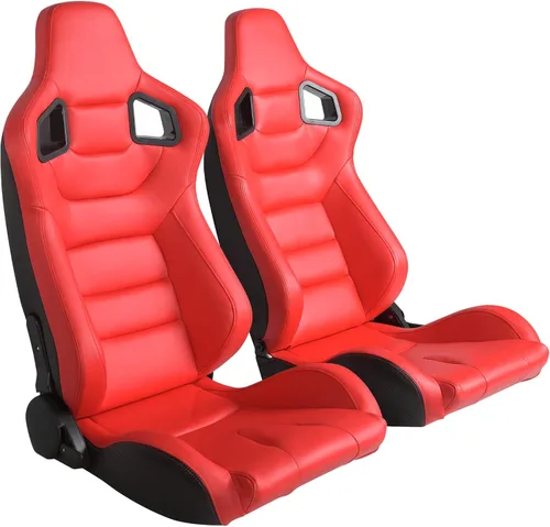 Miniatura 10 de Par universal de asientos de carreras, serie V2, cuero de PVC rojo, malla negra, centro de tela brillante, asientos reclinables deportivos