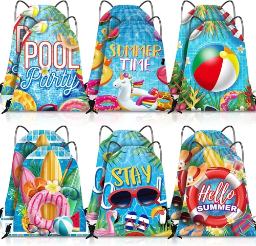 Kacctyen 12 bolsas con cordón para piscina, playa, mochila con cordón de verano, bolsa de cumpleaños, decoración de fiesta de piscina (clásica)