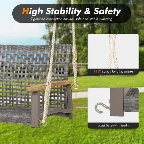Miniatura 5 de Happygrill Silla de columpio para patio para 2 personas, banco oscilante de ratán al aire libre con reposabrazos de madera de acacia y dos cuerdas