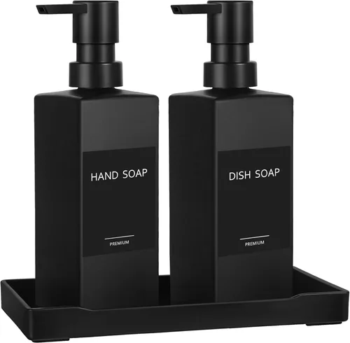 GMISUN Juego de dispensador de jabón de cocina, dispensadores de jabón para manos y platos, dispensador de jabón negro de 12 fl oz/11.8 fl oz con