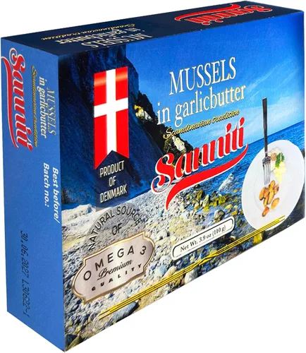 Miniatura 8 de Sanniti Mejillones en mantequilla de ajo, 3.9 onzas Mariscos estilo escandinavo Caliente y servir Producto de Dinamarca Fuente natural