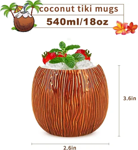 Miniatura 2 de LINALL Paquete de 4 tazas Tiki de cerámica de 17 onzas – Copas de cóctel de coco hawaiano para Mai Tai y piña colada, tazas Tiki duraderas, juego