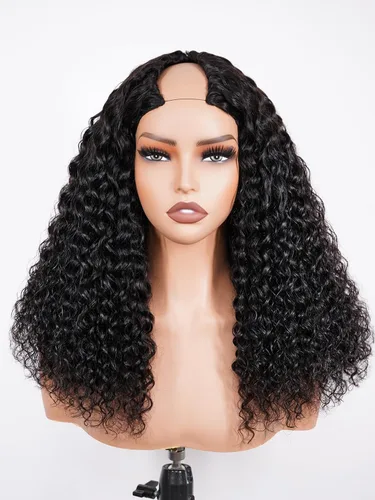Miniatura 2 de ISEE Peluca de 18 pulgadas con parte en V con ondas de agua, cabello humano, sin dejar fuera, pelucas brasileñas sin pegamento con parte en U