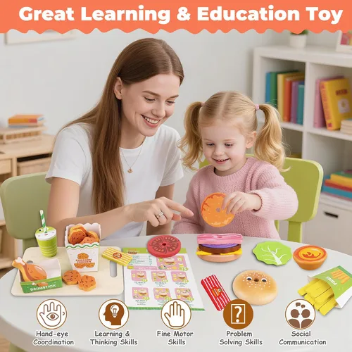 Miniatura 5 de Montessori Toys - Juego de comida de juguete para niños de 3, 4 y 5 años, cocina de madera de juego de comida rápida con hamburguesas, papas fritas