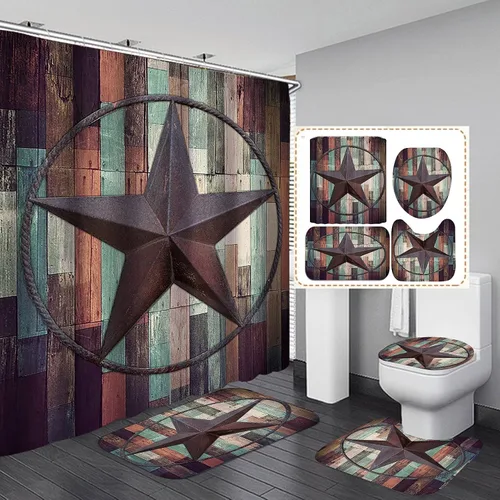 Juego de 4 cortinas de ducha vintage marrón con estrellas del oeste de Texas, tablero de madera rústica, granero rural primitivo, decoración de baño