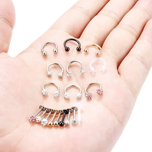 Miniatura 3 de Hoeudjo 9 – 18 piezas 16G acero quirúrgico, anillo labial de cristal, barra de herradura para cartílago tragus, arete de aro hélix daith Septum