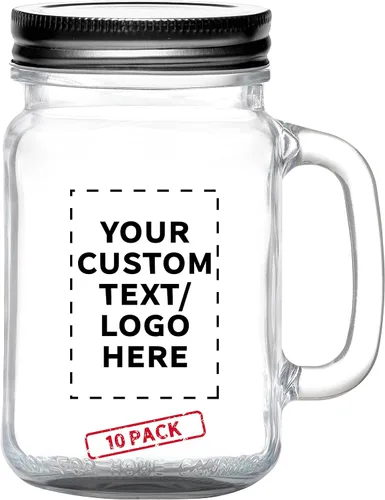 DISCOUNT PROMOS Tarros de masón con mango Libbey personalizado con tapa de 16 onzas, juego de 10, paquete personalizado a granel, estilo