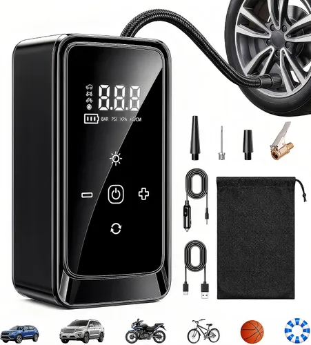 Compresor de aire portátil del inflador de neumáticos, potencia dual (12V DC/recargable) | Digital Display Gauge Car Tire air Pump, Battery