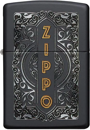 Miniatura 2 de Encendedor de bolsillo Zippo negro mate con diseño de logo de Zippo Logotipo de oro mate negro