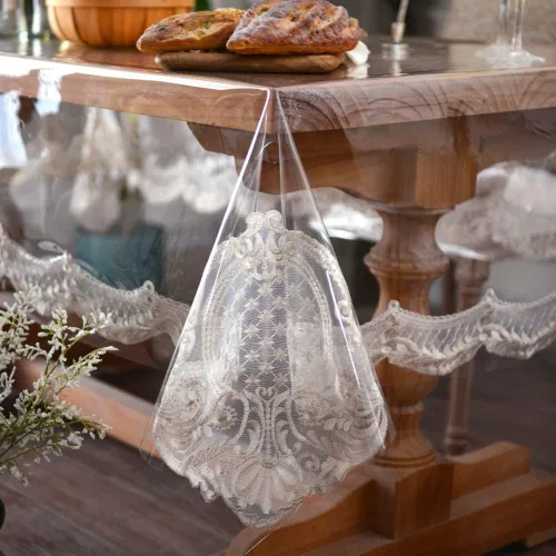 Miniatura 13 de ARTABLE Mantel rectangular de vinilo de PVC, impermeable, transparente, con borde de macramé de encaje champán, para boda, cocina, hogar