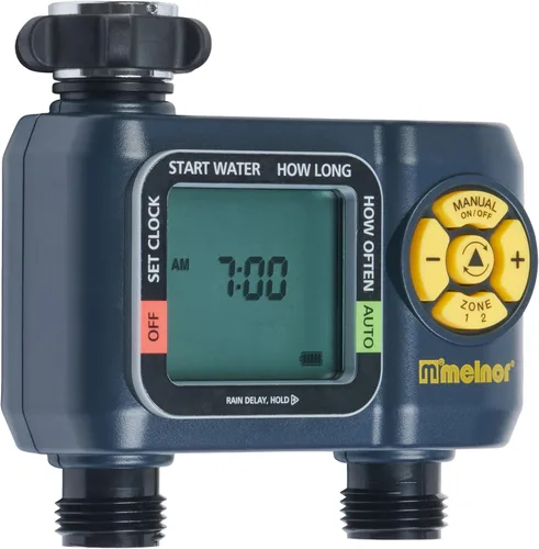 Miniatura 4 de Melnor 65139AMZ AquaTimer Temporizador digital de manguera, temporizador de riego programable de 2 zonas, paquete de conexión rápida, negro, amarillo