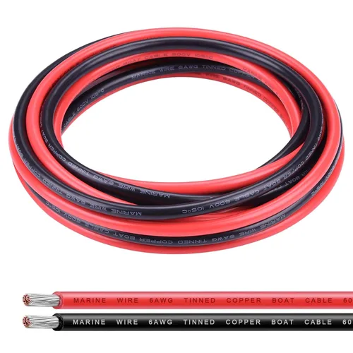 Cable de calibre 6, iGreely 10 pies negro y 10 pies rojo 6 AWG cable eléctrico de cobre estañado, 2 cables aislados de un solo conductor trenzado