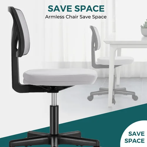 Miniatura 7 de DUMOS Sillas de oficina pequeñas con ruedas, ergonómicas ajustables para escritorio doméstico, silla giratoria rodante de trabajo sin brazos, Gris
