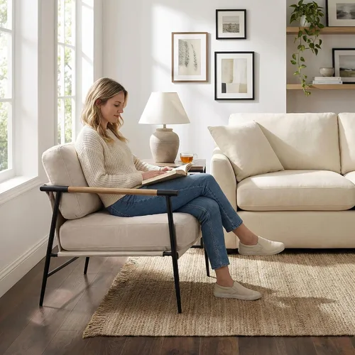 Miniatura 7 de LukeAlon Silla decorativa de chenille de mediados de siglo, silla ultra suave para sala de estar con patas de metal, silla moderna de estar