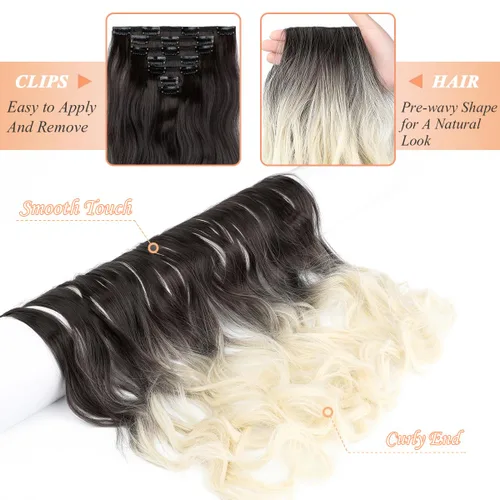 Miniatura 4 de Extensiones de cabello con pinzas, 7 piezas de 24 pulgadas, onduladas, rizadas, extensiones sintéticas de trama gruesa, para mujer, color marrón