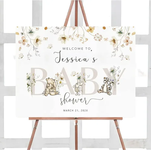 Miniatura 21 de Letrero personalizado para baby shower de oso Pooh, diseño clásico de vegetación personalizada, letrero de bienvenida para patio de baby shower