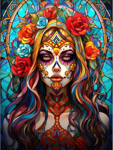 Miniatura 13 de Pintura de diamantes de calavera de azúcar 5D, kit de numeración de maquillaje de esqueleto de moda, arte de pared de rosa roja, arte de pared