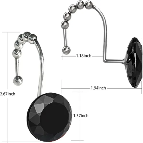 Miniatura 2 de Ganchos de cortina de ducha de cristal negro con diamantes para baño, 12 unidades, anillos de acero inoxidable plateados a prueba de óxido, colgador